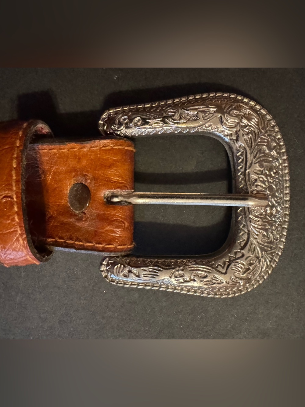 Classic Brown Leather Women’s Belt with Engraved Silver Buckle